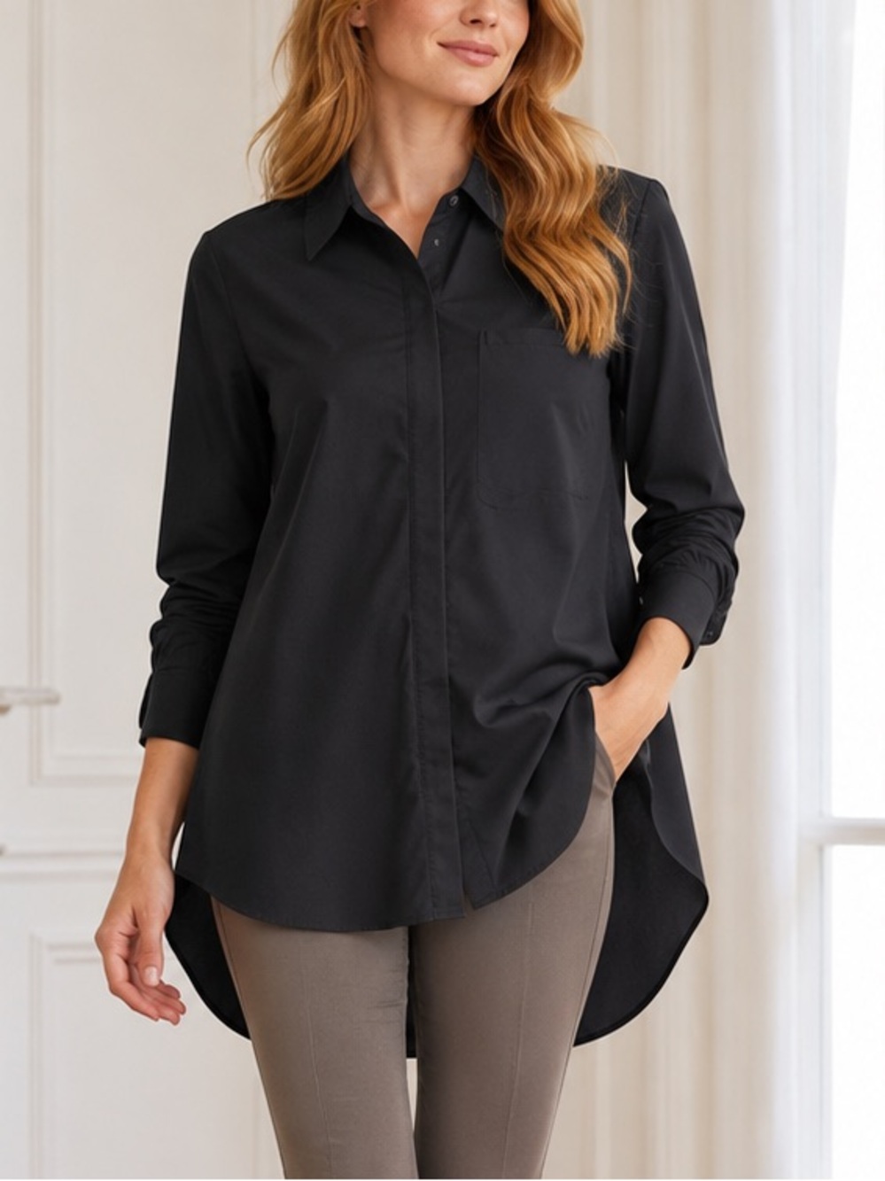 Athleta Black High Low Tunic Button Down Shirt M